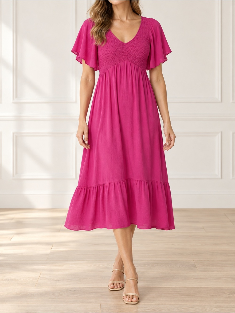 Bohme Saltwater Smocked Midi Dress Large Fuchsia Pink Flutter Sleeve Boho